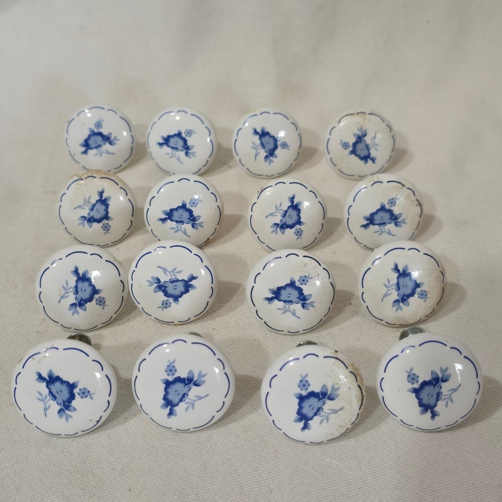 Kitchen Cabinet Knobs - White Round w/ Blue Flower & Border Set Of 16